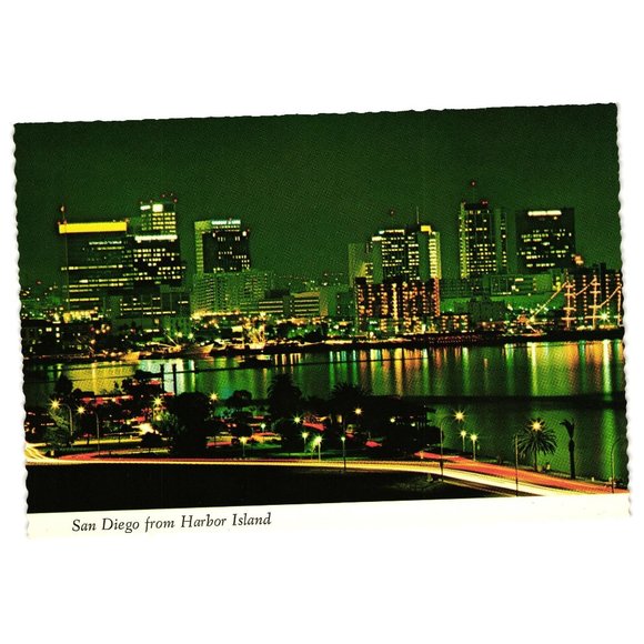 Vintage Postcard San Diego Bay From Harbor Island Downtown Buildings California - Picture 1 of 2